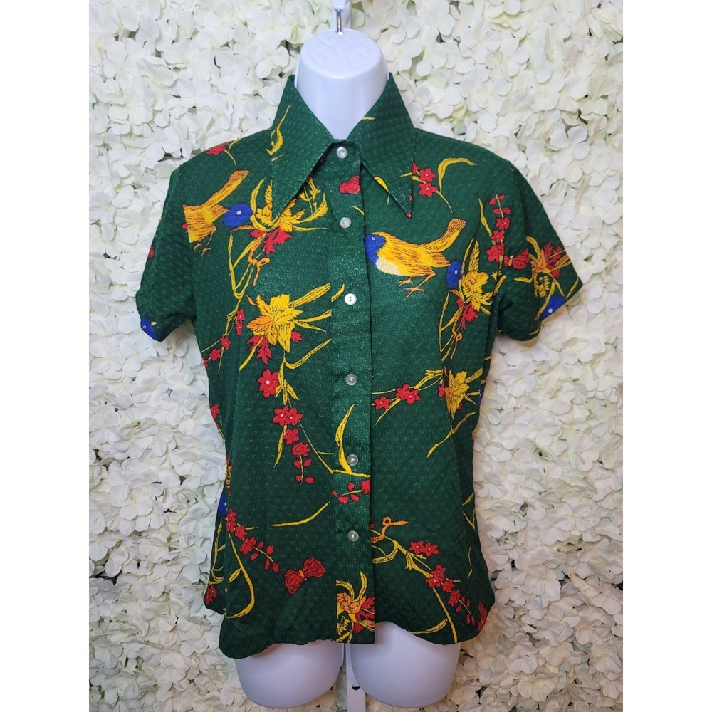 Glen Harbour Vintage Wms ButtonUp Made In Singapore Butterfly Collar Emerald Grn